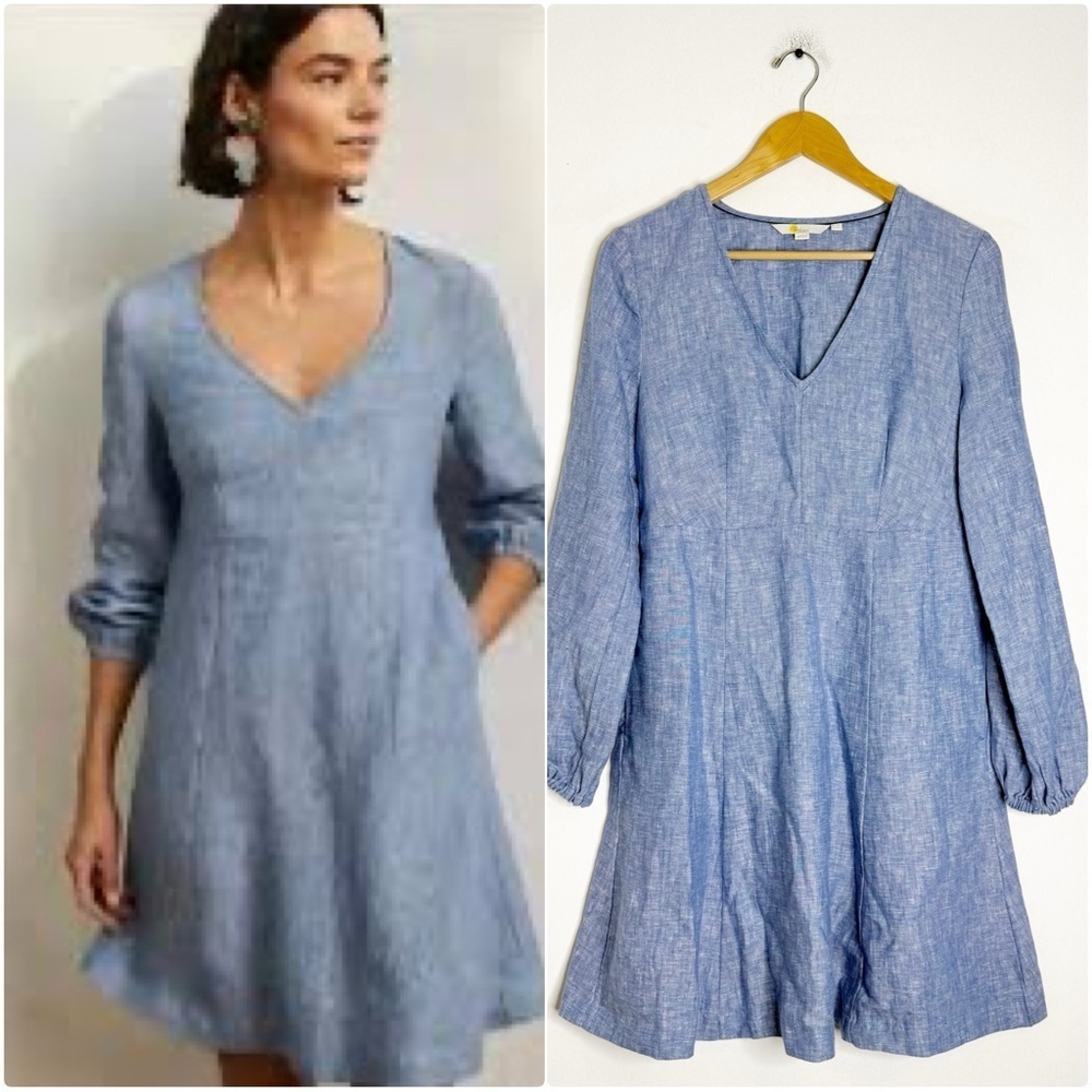Boden Blue Long Sleeve Chambray Linen Dress US 6